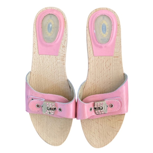 Vintage Dr. Scholl’s Made in Italy Pink Patent Leather Wooden Sandals Y2K - Picture 1 of 8